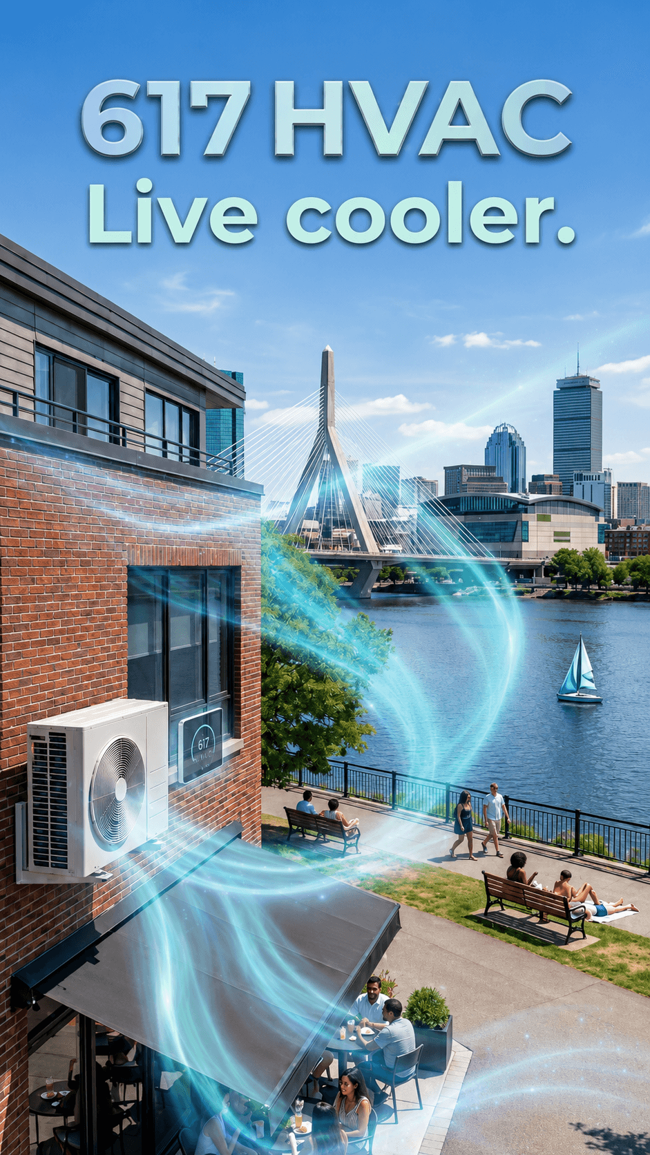 617 HVAC cooling visual with Boston waterfront and exterior AC equipment.