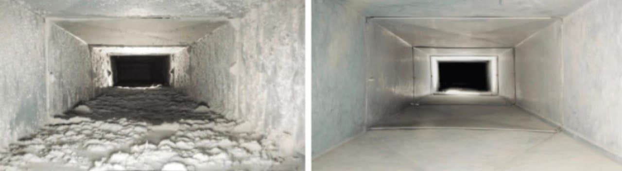 Heavy dust accumulation inside residential air ducts prior to HEPA vacuum cleaning