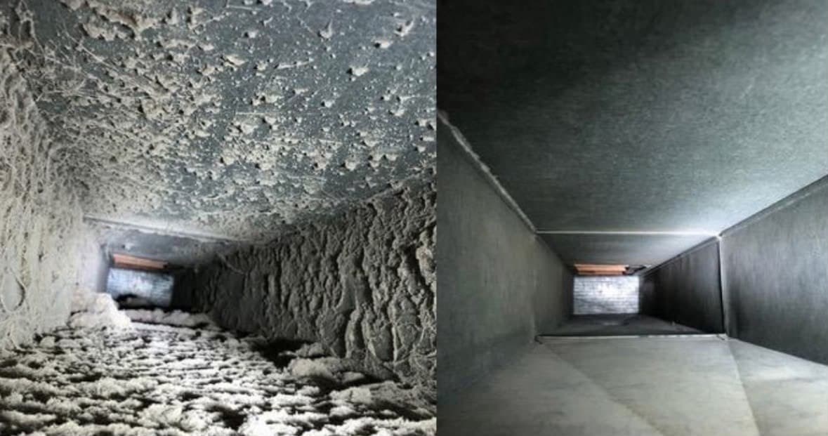 Clean galvanized ductwork interior following whole-system HEPA vacuum cleaning