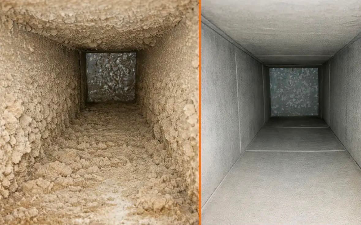 Before and after comparison of debris removal inside a rectangular duct trunk line