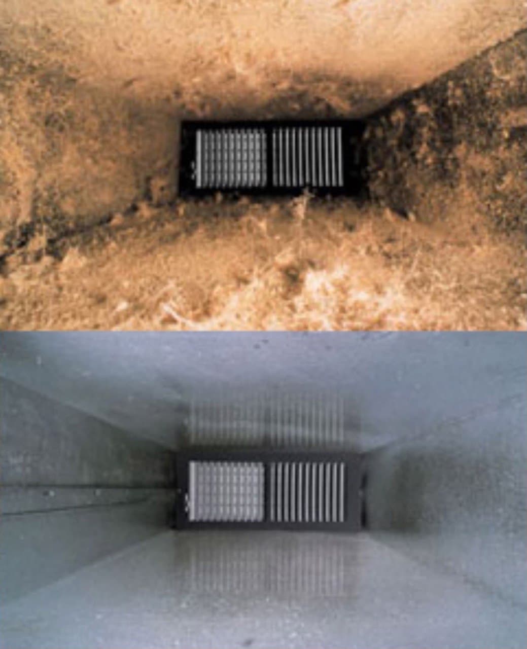 Comparison of a dusty duct interior and a clean duct interior near an air register