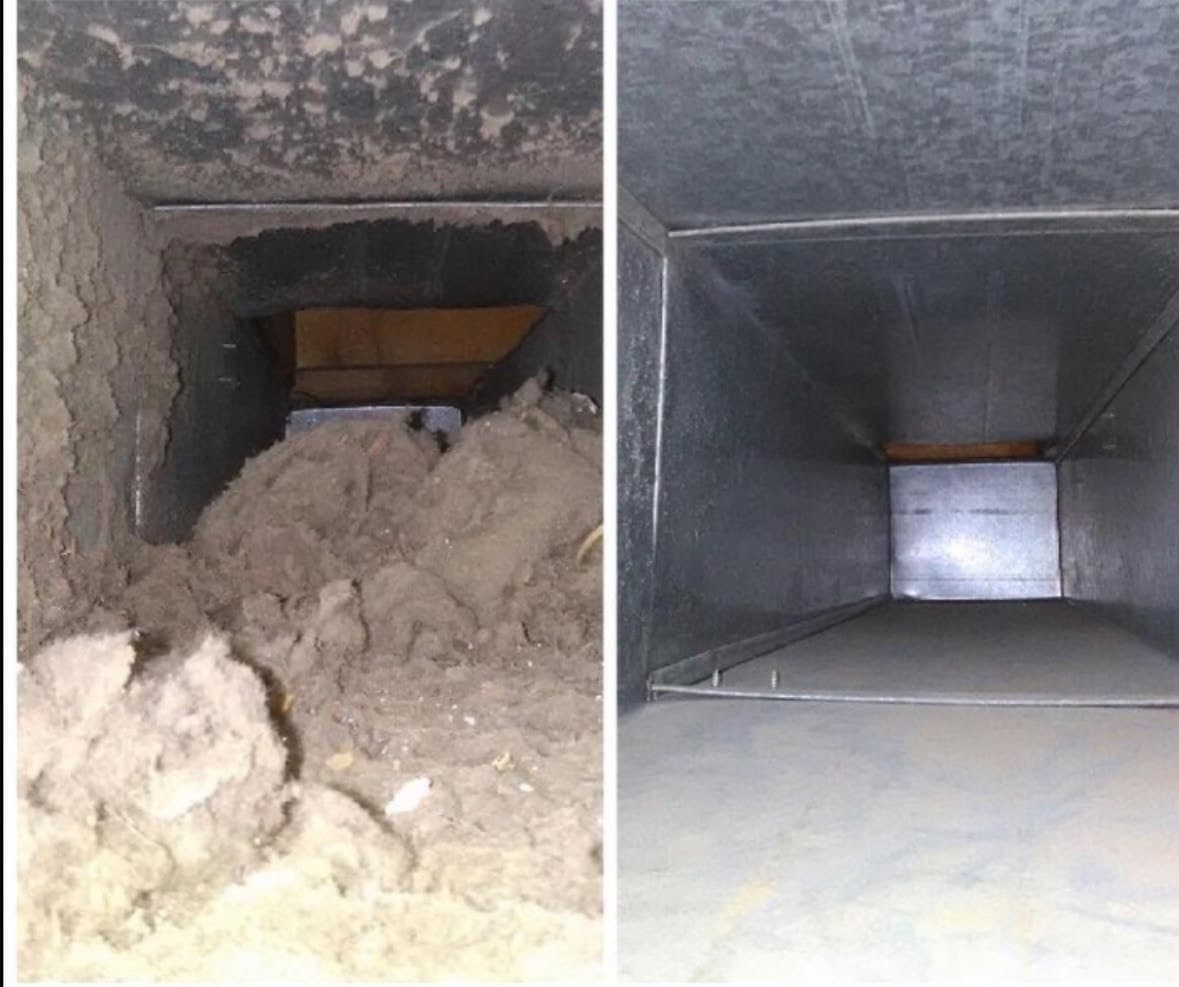 Side-by-side vertical comparison of a debris-filled rectangular duct and a clean duct interior