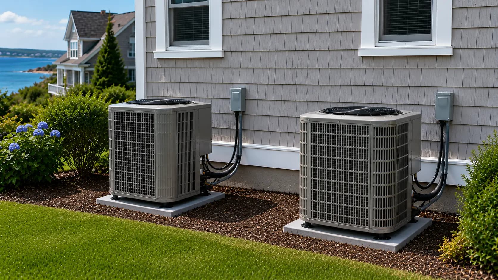 Side by side outdoor heat pump and central AC condenser units at a Greater Boston home showing near identical cooling hardware