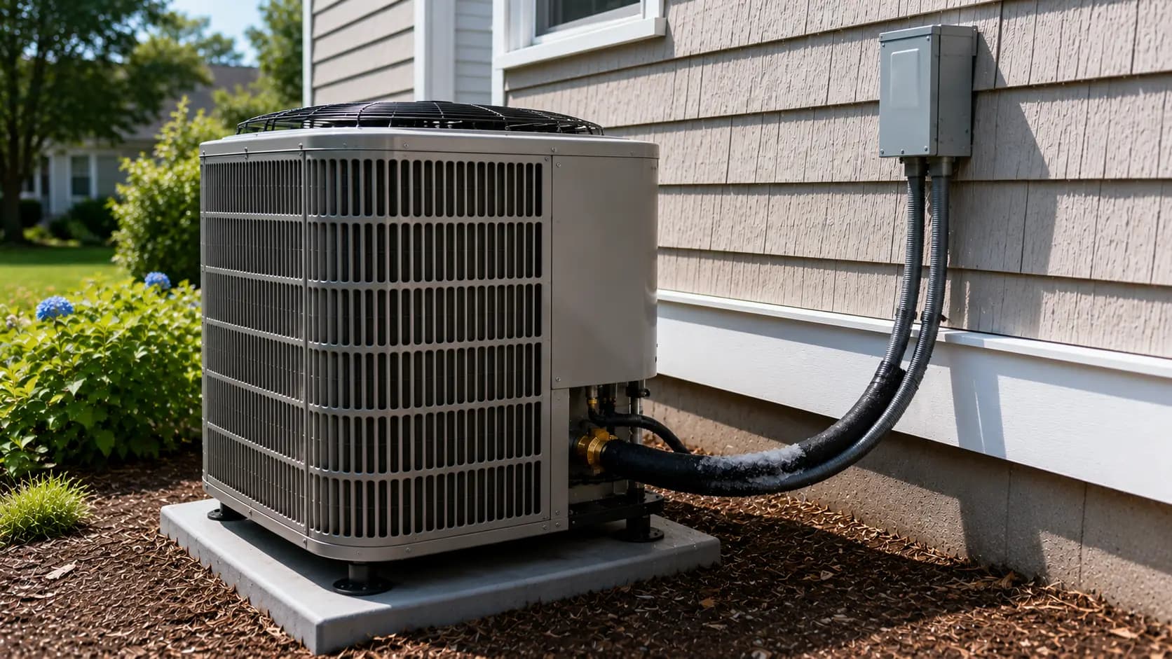 Ice buildup on the refrigerant line at an outdoor AC condenser signaling a low refrigerant charge at a Greater Boston home