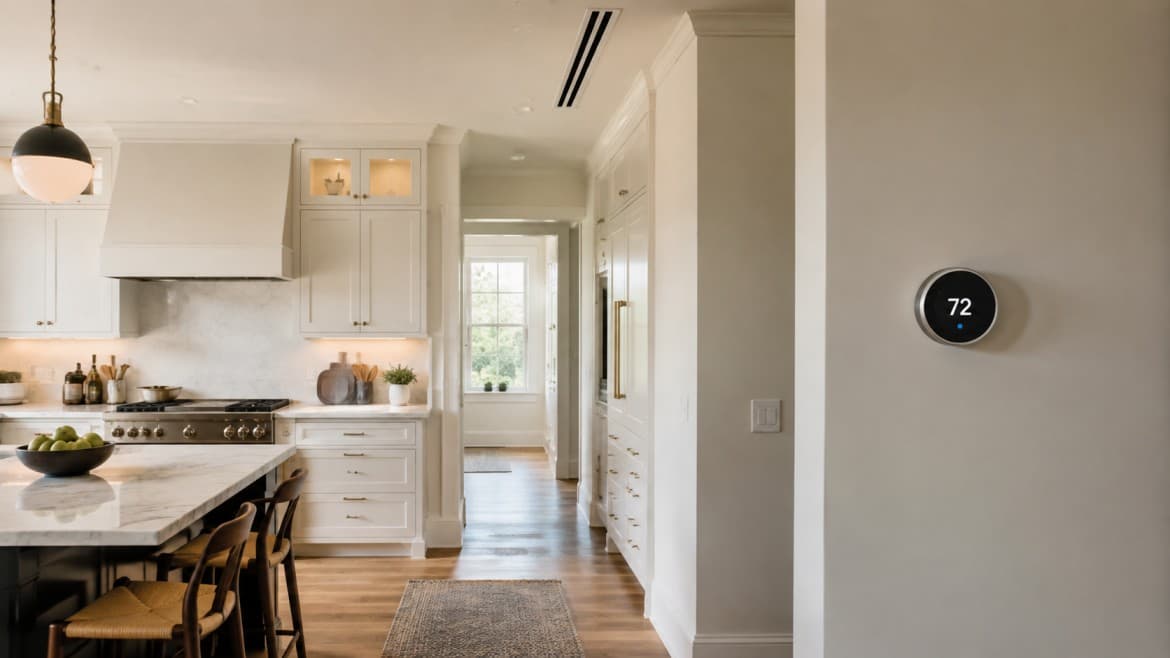 Homeowner reviewing a written AC installation option sheet with a contractor at a Greater Boston kitchen table