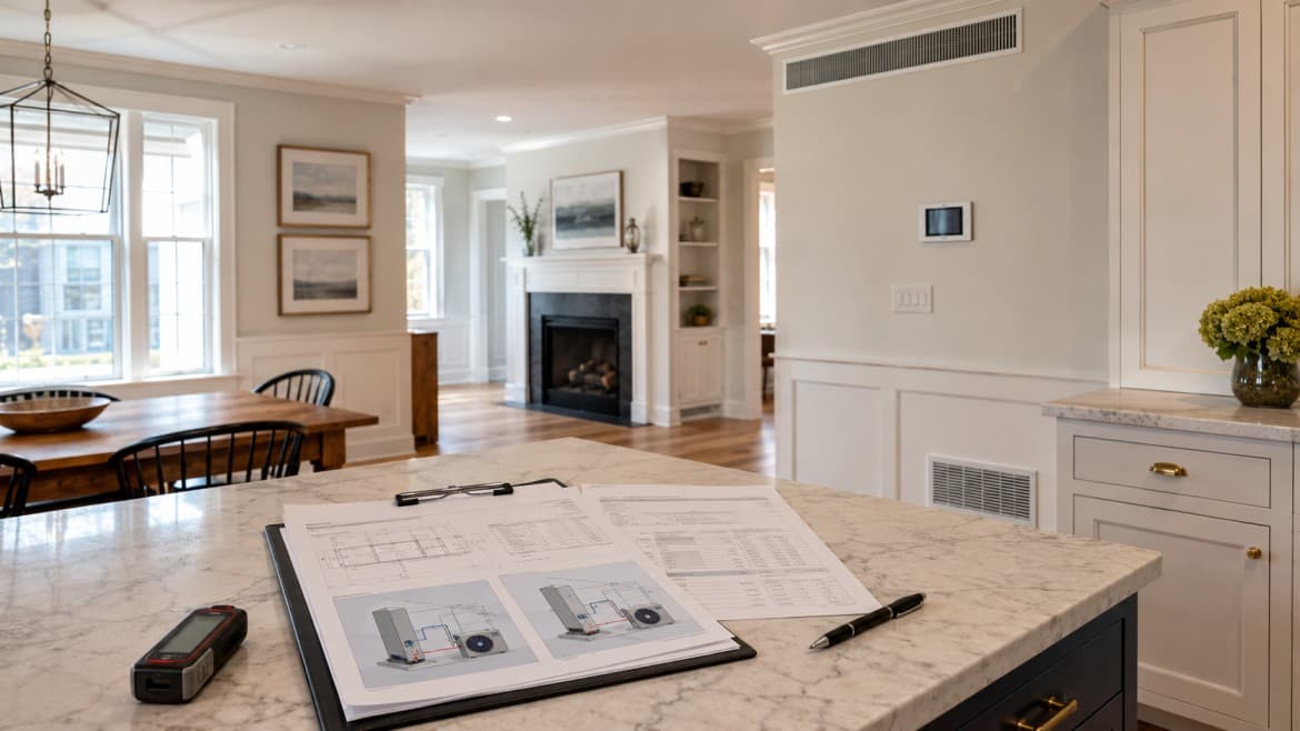 Technician reviewing a written AC installation quote with load calculation details at a Greater Boston home