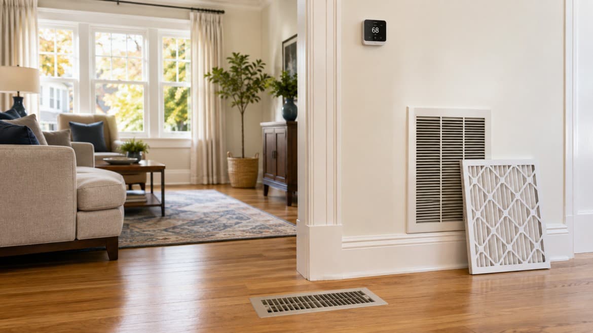 Boston homeowner checking that furniture is not blocking an HVAC supply vent during seasonal changeover