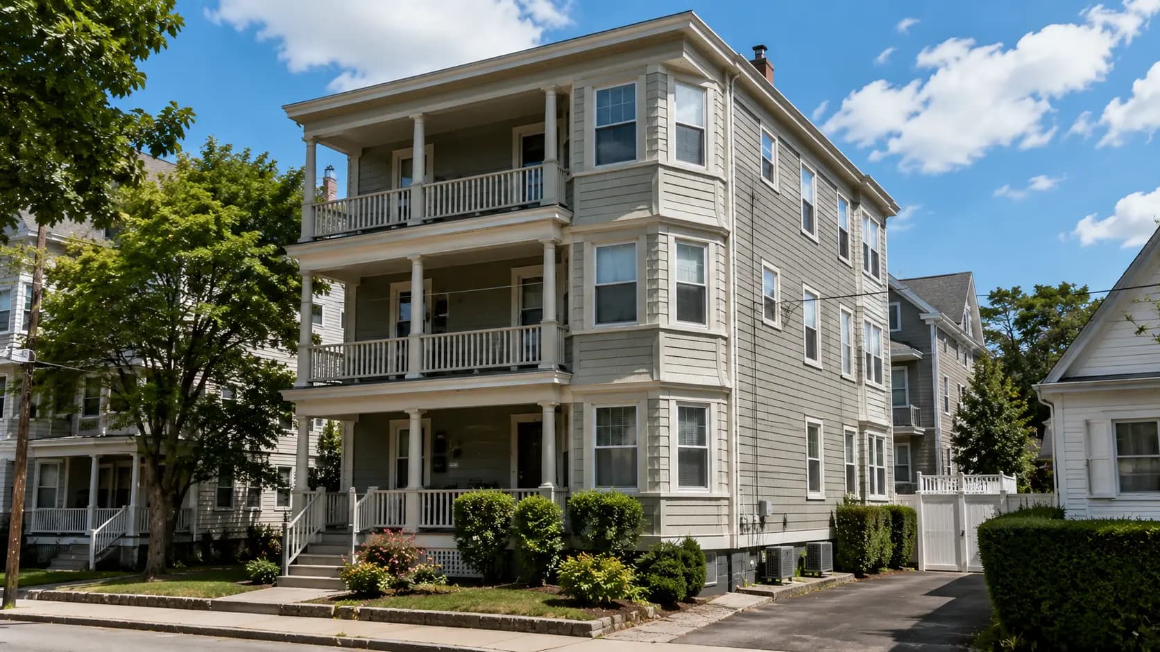 Boston three-family triple-decker showing top, middle, and ground floors with different roof and grade exposure affecting cooling load