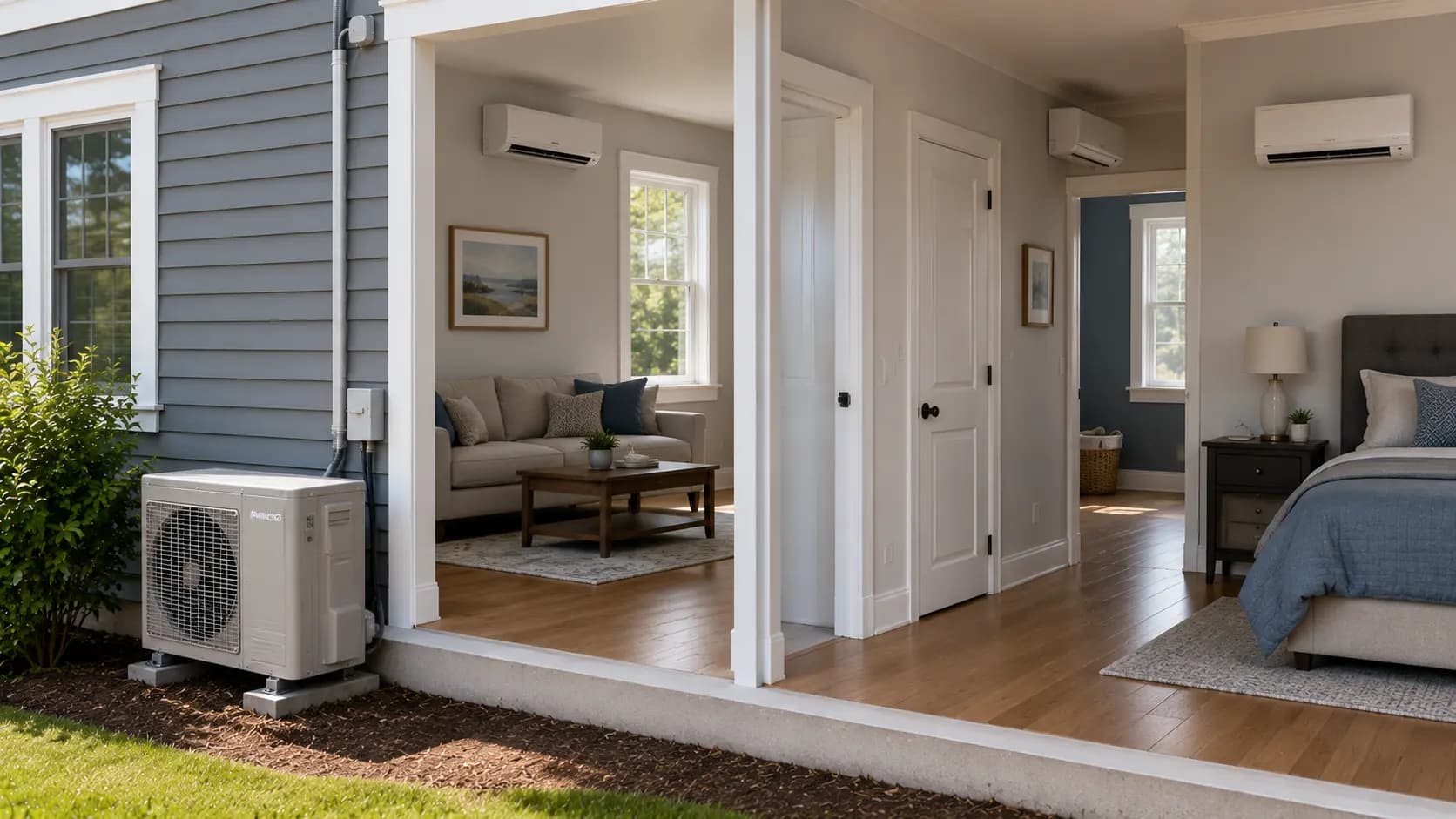 Multi-zone ductless mini-split with indoor heads in several rooms of a Greater Boston home fed by one outdoor unit