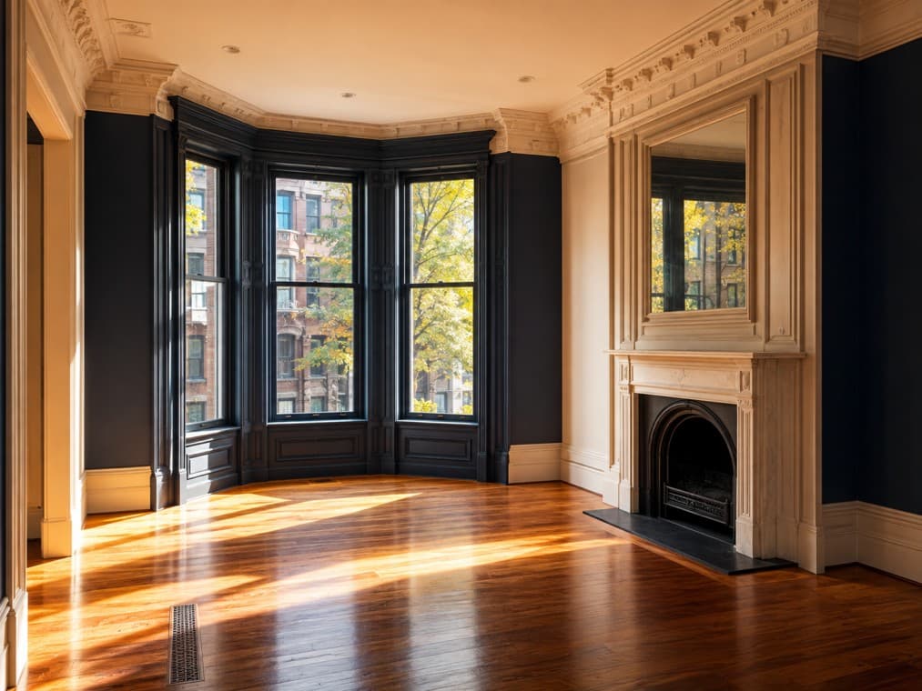 Empty living room inside a classic Boston brownstone