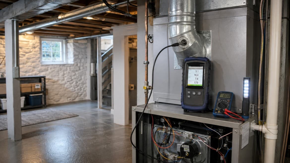 Technician running combustion analysis on a gas furnace in a Greater Boston basement during a heating diagnosis
