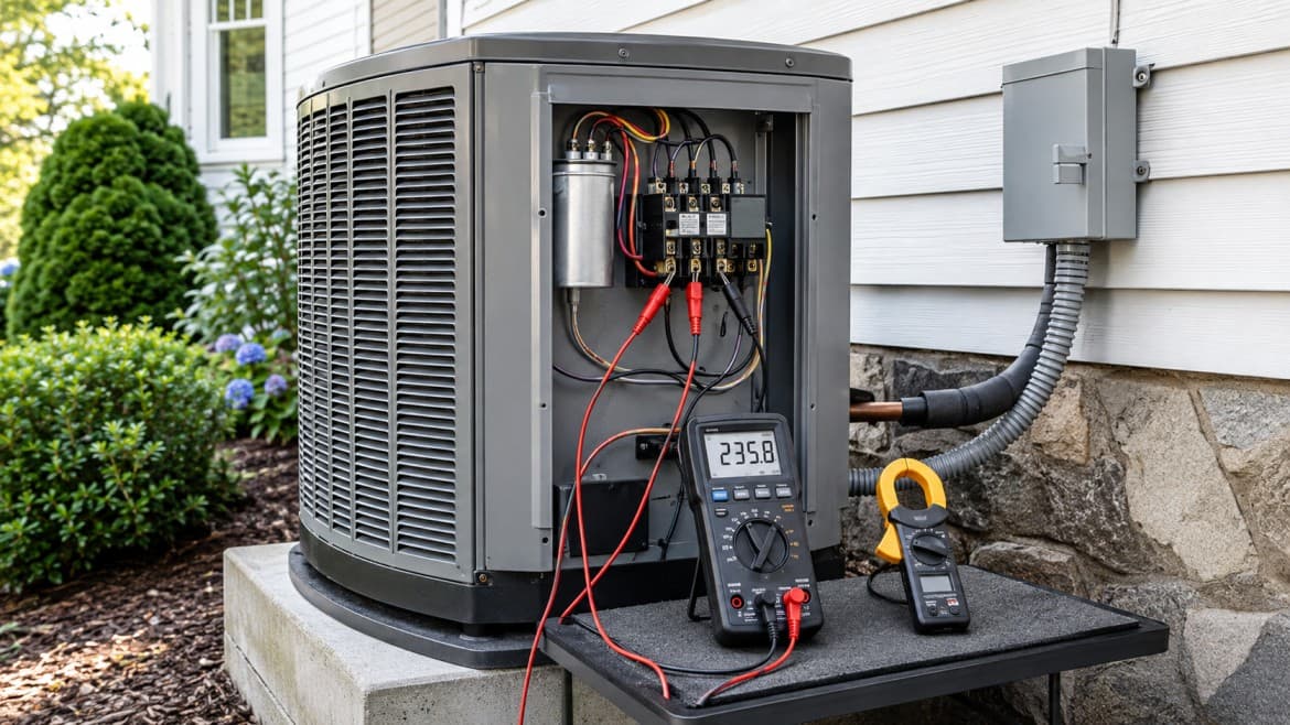 Technician measuring voltage at an outdoor AC compressor during a diagnosis at a Greater Boston home
