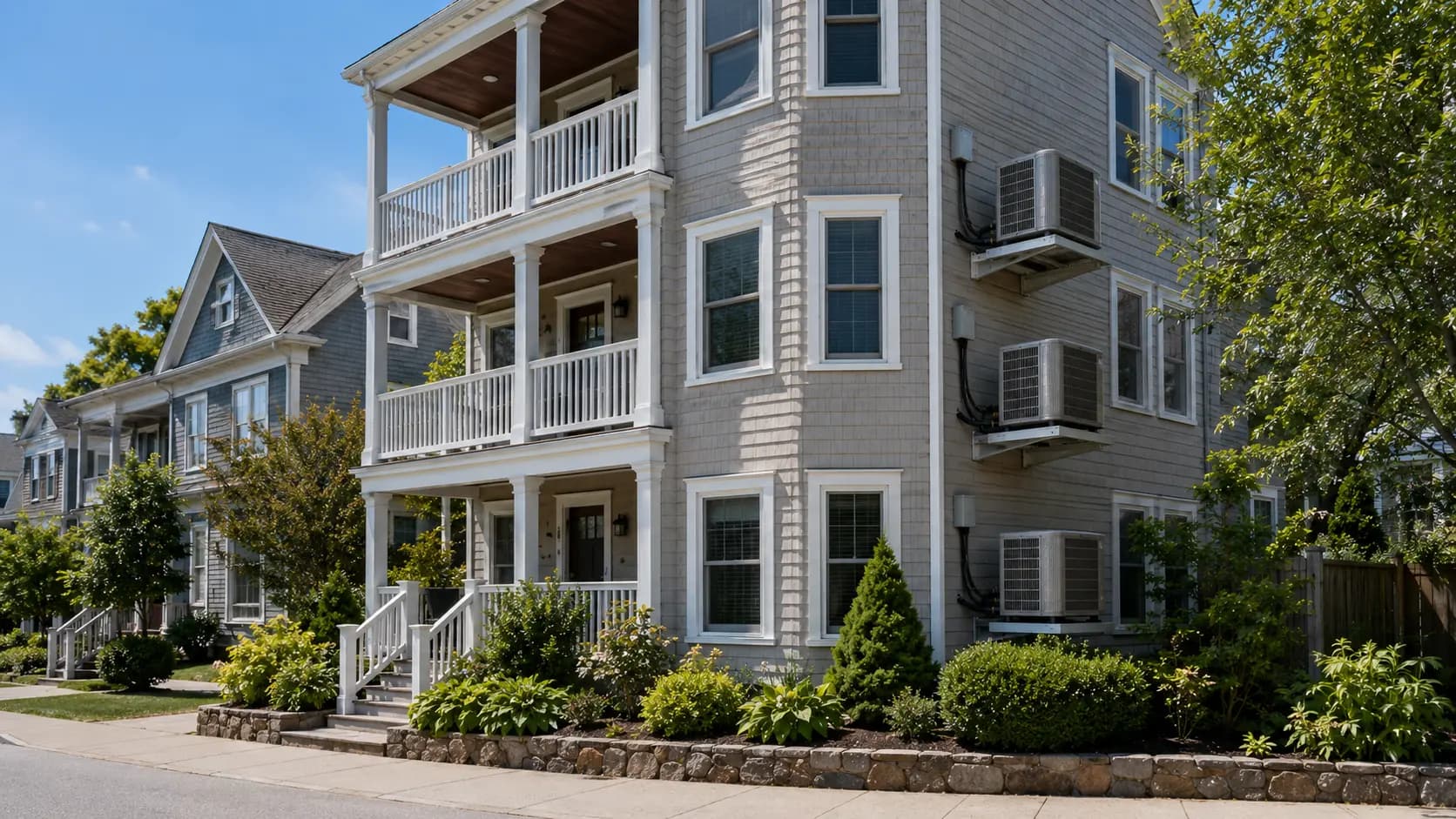 Boston triple-decker multi-family home with separate outdoor heat pump condensers serving individual units