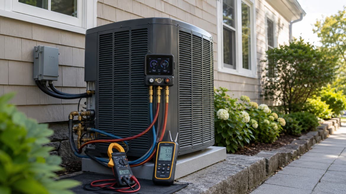 Technician recording refrigerant pressure and electrical readings during an HVAC tune-up at a Greater Boston home