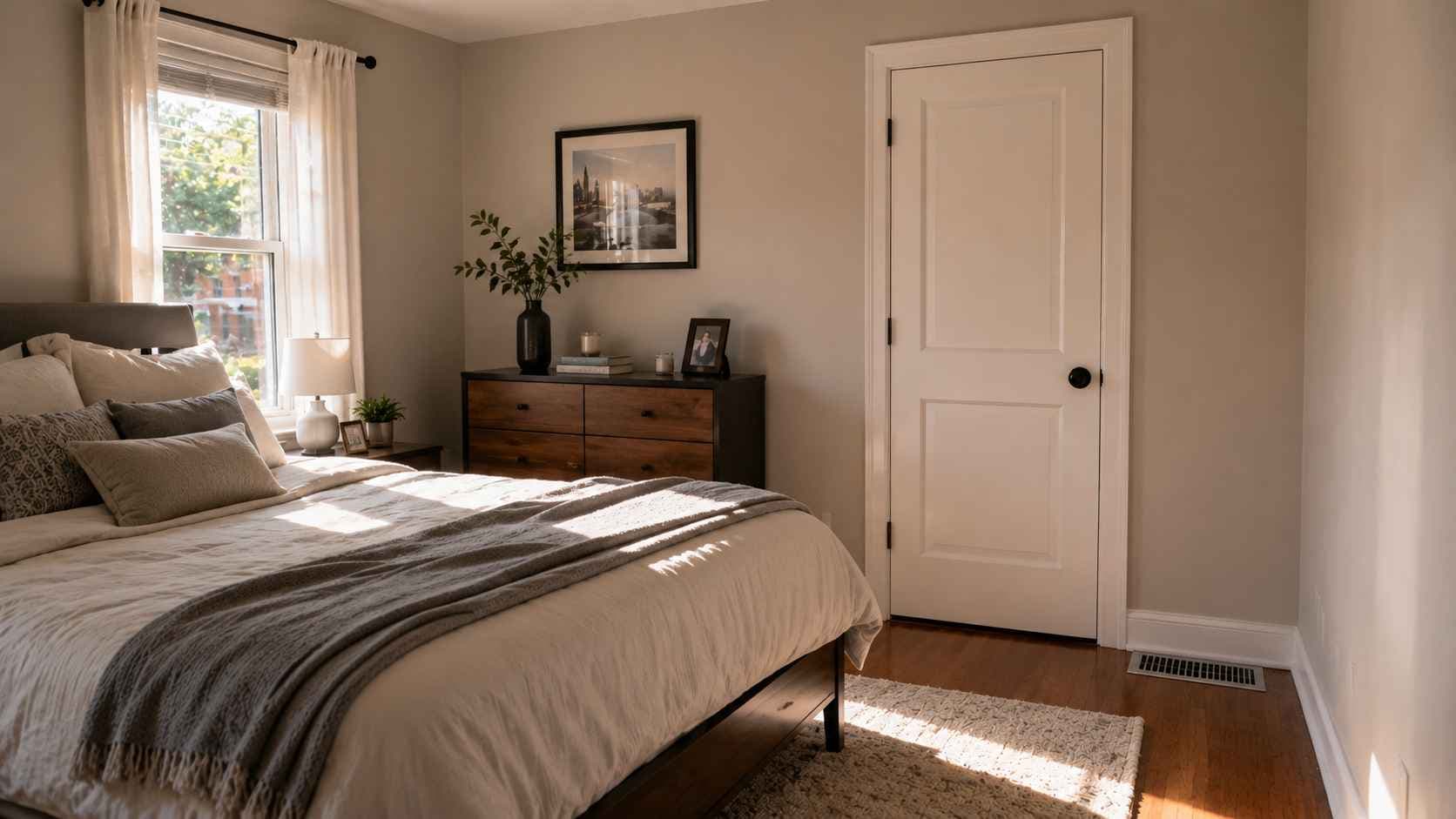 Boston bedroom with a supply register and closed door illustrating a blocked return air path during cooling season