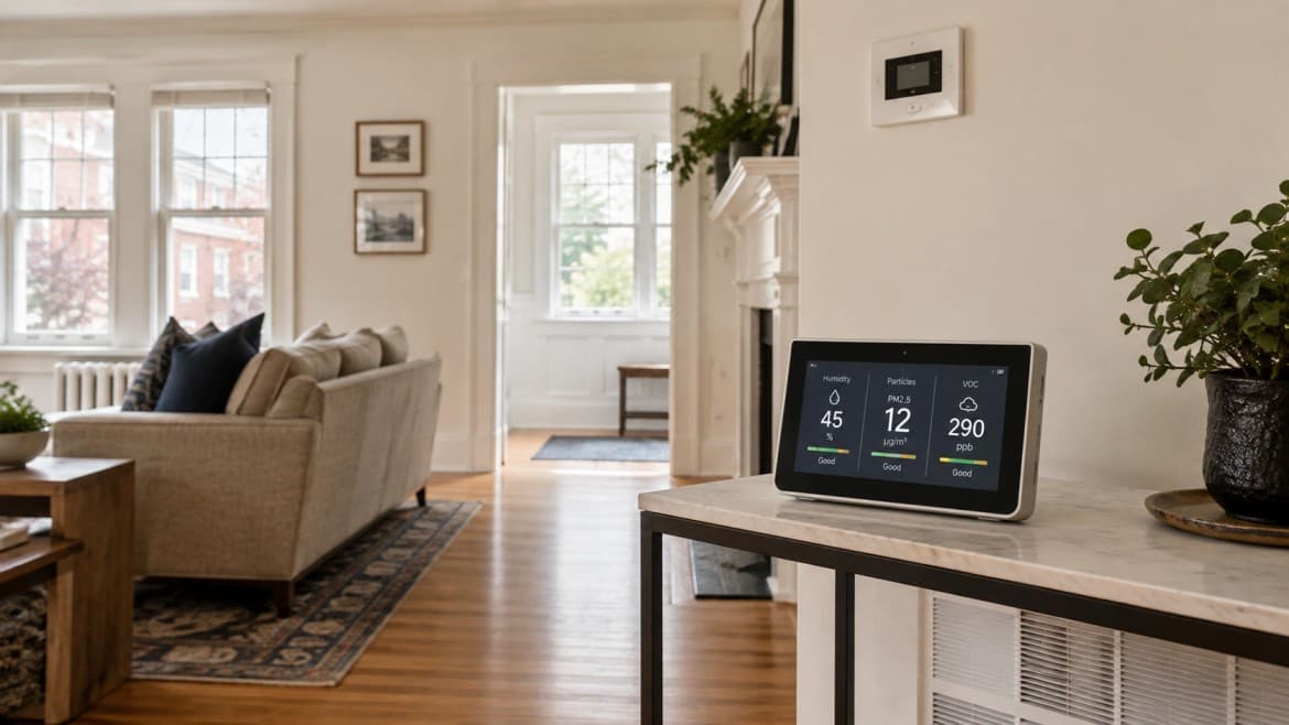 Technician measuring indoor air quality with a handheld monitor while a family sits in a Greater Boston living room