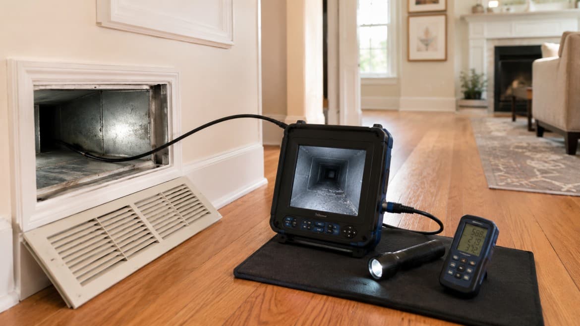 Technician running a borescope inspection camera through residential ductwork before quoting a duct cleaning in a Greater Boston home