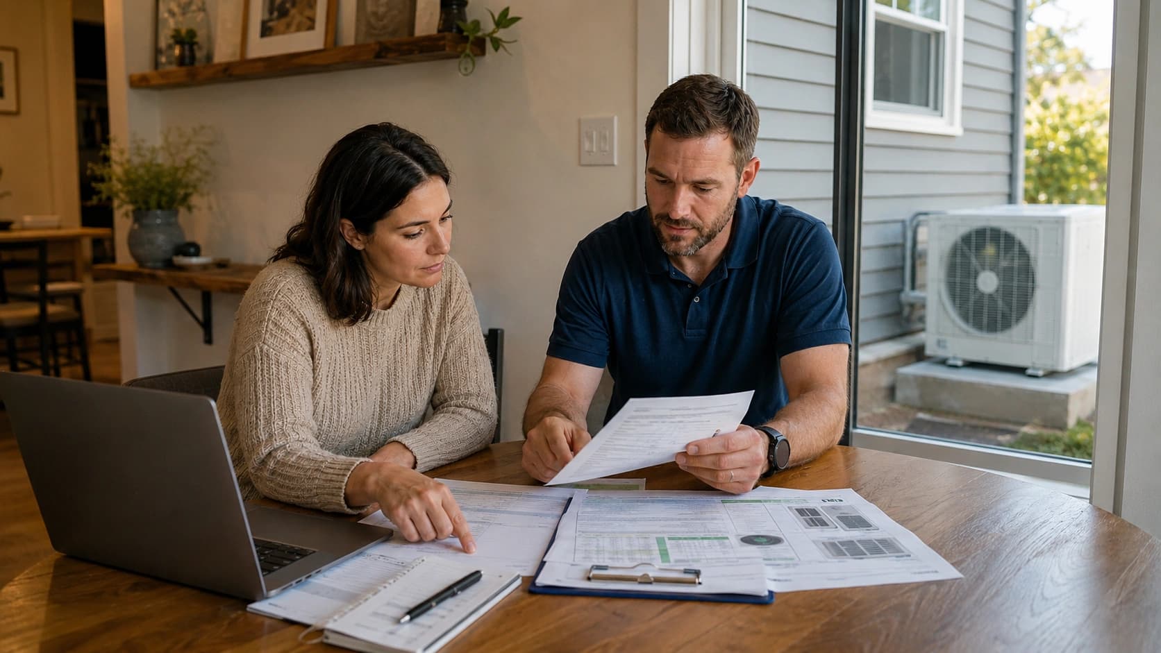 Written Mass Save rebate paperwork and heat pump equipment specifications reviewed at a Greater Boston home