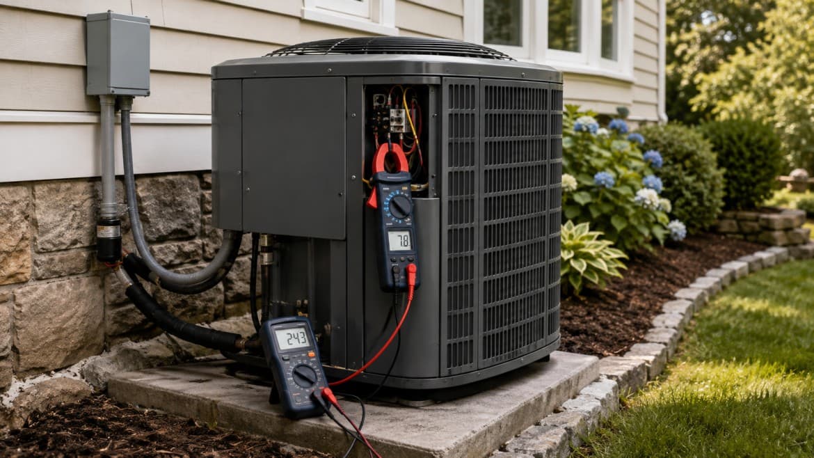 Technician measuring compressor amperage on a central AC condenser during a repair or replace diagnosis in Greater Boston