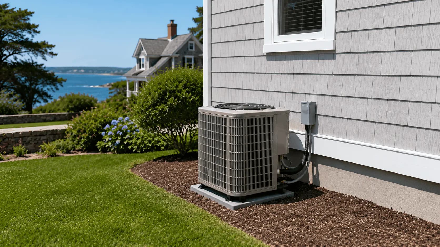 Outdoor central AC condenser unit beside a Greater Boston home with clearance on all sides during summer