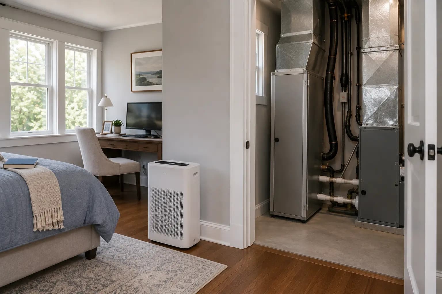 Portable air purifier in a bedroom beside a whole-home filtration cabinet at the air handler in a Greater Boston home